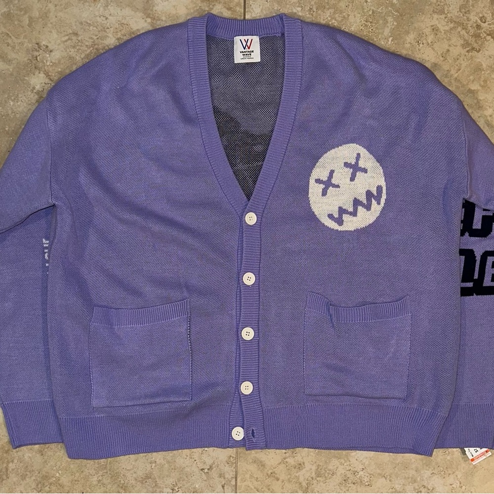 Men's Purple Cardigan Sweater with Graphic Design